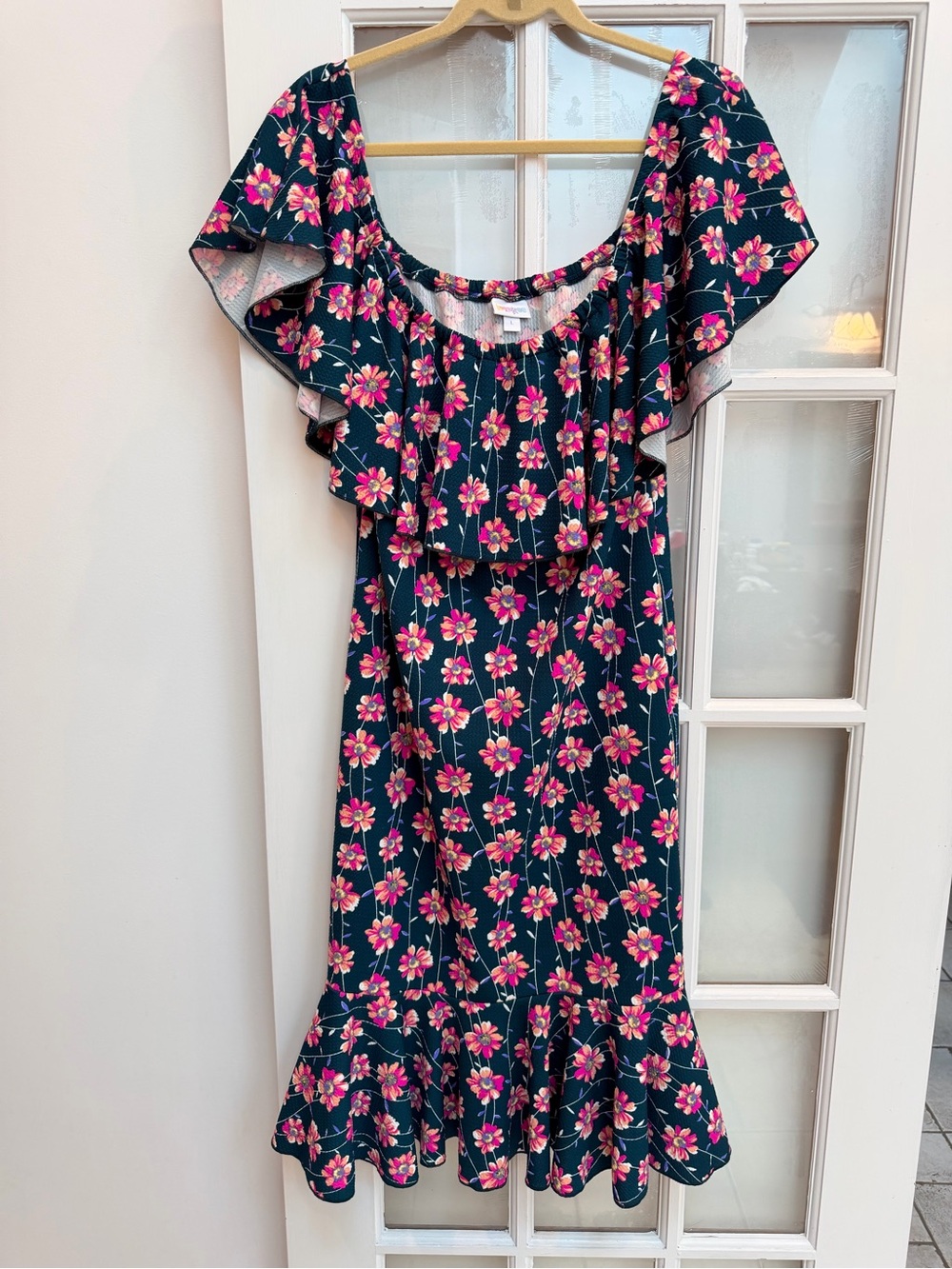 LuLaRoe Cici Navy Floral Ruffle Off Shoulders Midi Sundress Pink Blooms Size L